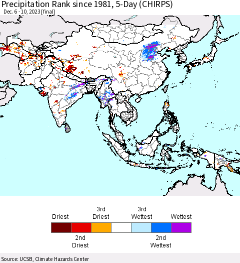 Asia Precipitation Rank since 1981, 5-Day (CHIRPS) Thematic Map For 12/6/2023 - 12/10/2023