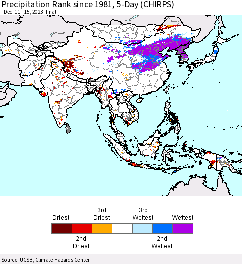 Asia Precipitation Rank since 1981, 5-Day (CHIRPS) Thematic Map For 12/11/2023 - 12/15/2023