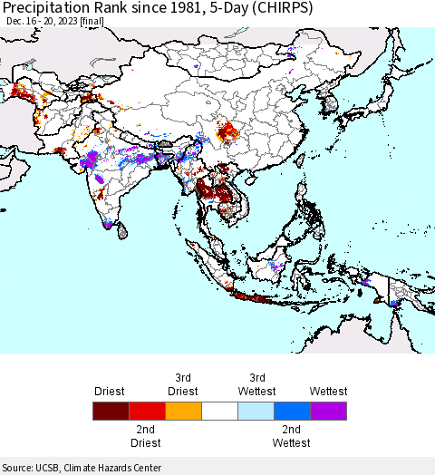 Asia Precipitation Rank since 1981, 5-Day (CHIRPS) Thematic Map For 12/16/2023 - 12/20/2023