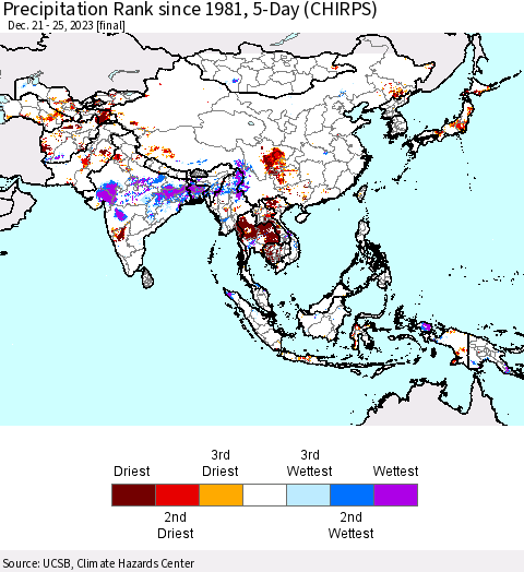 Asia Precipitation Rank since 1981, 5-Day (CHIRPS) Thematic Map For 12/21/2023 - 12/25/2023