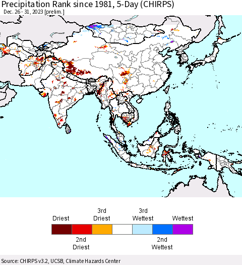 Asia Precipitation Rank since 1981, 5-Day (CHIRPS) Thematic Map For 12/26/2023 - 12/31/2023