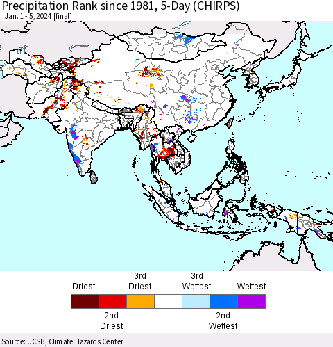 Asia Precipitation Rank since 1981, 5-Day (CHIRPS) Thematic Map For 1/1/2024 - 1/5/2024