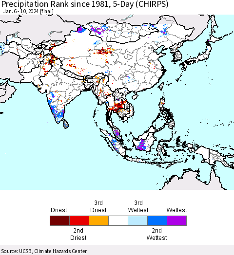 Asia Precipitation Rank since 1981, 5-Day (CHIRPS) Thematic Map For 1/6/2024 - 1/10/2024