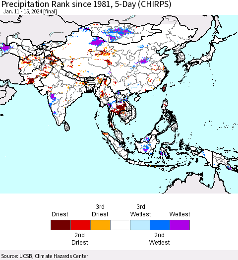 Asia Precipitation Rank since 1981, 5-Day (CHIRPS) Thematic Map For 1/11/2024 - 1/15/2024