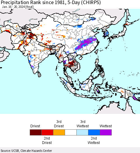 Asia Precipitation Rank since 1981, 5-Day (CHIRPS) Thematic Map For 1/16/2024 - 1/20/2024