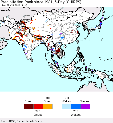 Asia Precipitation Rank since 1981, 5-Day (CHIRPS) Thematic Map For 1/21/2024 - 1/25/2024