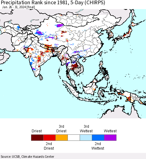 Asia Precipitation Rank since 1981, 5-Day (CHIRPS) Thematic Map For 1/26/2024 - 1/31/2024