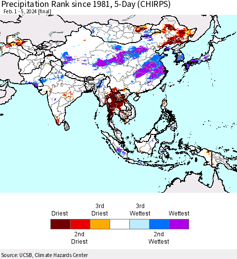Asia Precipitation Rank since 1981, 5-Day (CHIRPS) Thematic Map For 2/1/2024 - 2/5/2024
