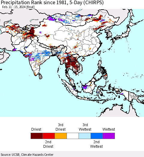 Asia Precipitation Rank since 1981, 5-Day (CHIRPS) Thematic Map For 2/11/2024 - 2/15/2024