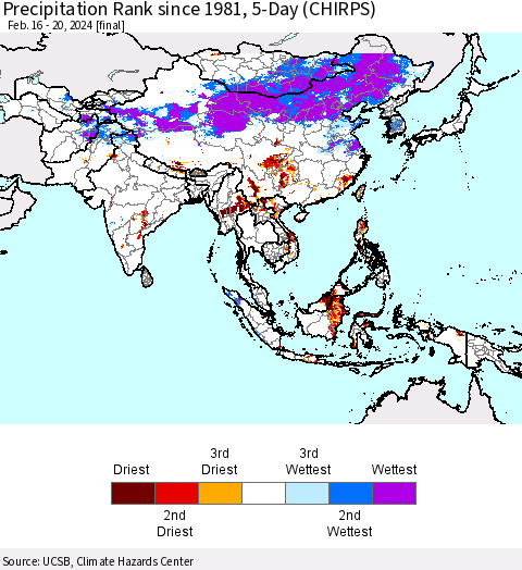 Asia Precipitation Rank since 1981, 5-Day (CHIRPS) Thematic Map For 2/16/2024 - 2/20/2024