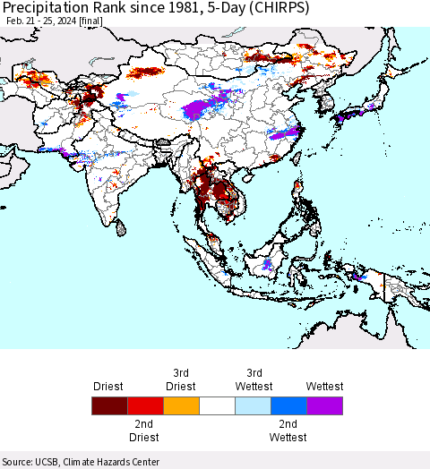 Asia Precipitation Rank since 1981, 5-Day (CHIRPS) Thematic Map For 2/21/2024 - 2/25/2024