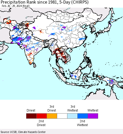 Asia Precipitation Rank since 1981, 5-Day (CHIRPS) Thematic Map For 2/26/2024 - 2/29/2024