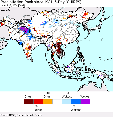 Asia Precipitation Rank since 1981, 5-Day (CHIRPS) Thematic Map For 3/1/2024 - 3/5/2024