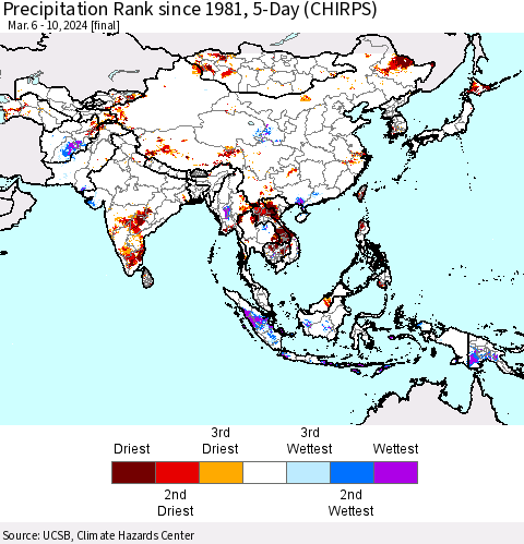 Asia Precipitation Rank since 1981, 5-Day (CHIRPS) Thematic Map For 3/6/2024 - 3/10/2024