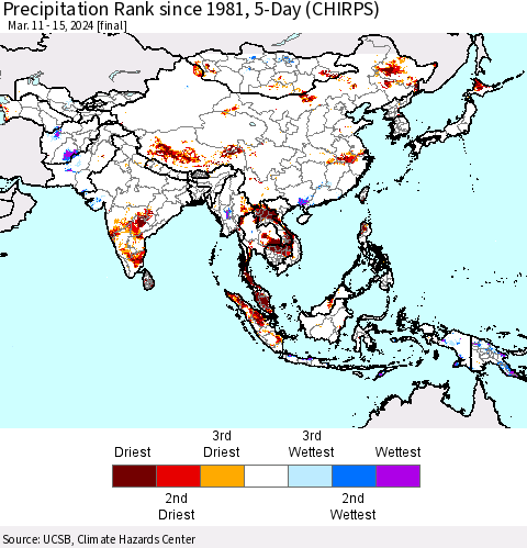 Asia Precipitation Rank since 1981, 5-Day (CHIRPS) Thematic Map For 3/11/2024 - 3/15/2024