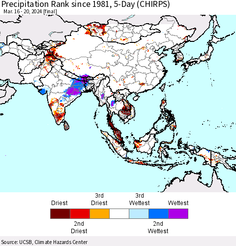 Asia Precipitation Rank since 1981, 5-Day (CHIRPS) Thematic Map For 3/16/2024 - 3/20/2024