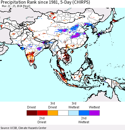 Asia Precipitation Rank since 1981, 5-Day (CHIRPS) Thematic Map For 3/21/2024 - 3/25/2024