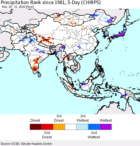 Asia Precipitation Rank since 1981, 5-Day (CHIRPS) Thematic Map For 3/26/2024 - 3/31/2024
