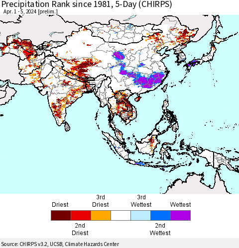 Asia Precipitation Rank since 1981, 5-Day (CHIRPS) Thematic Map For 4/1/2024 - 4/5/2024