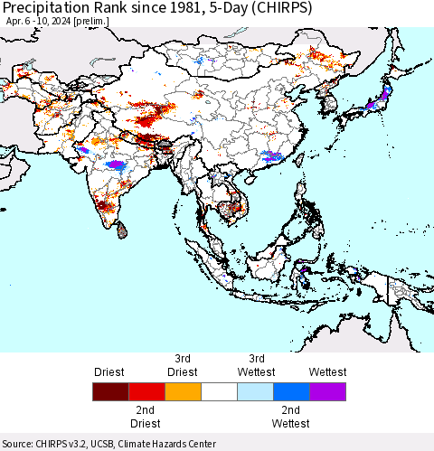 Asia Precipitation Rank since 1981, 5-Day (CHIRPS) Thematic Map For 4/6/2024 - 4/10/2024
