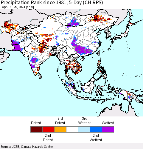 Asia Precipitation Rank since 1981, 5-Day (CHIRPS) Thematic Map For 4/16/2024 - 4/20/2024