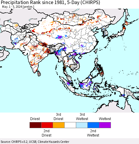 Asia Precipitation Rank since 1981, 5-Day (CHIRPS) Thematic Map For 5/1/2024 - 5/5/2024