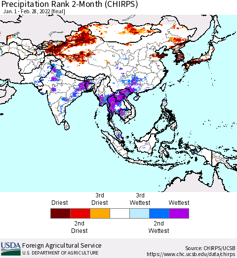 Asia Precipitation Rank since 1981, 2-Month (CHIRPS) Thematic Map For 1/1/2022 - 2/28/2022