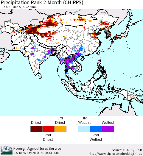 Asia Precipitation Rank since 1981, 2-Month (CHIRPS) Thematic Map For 1/6/2022 - 3/5/2022