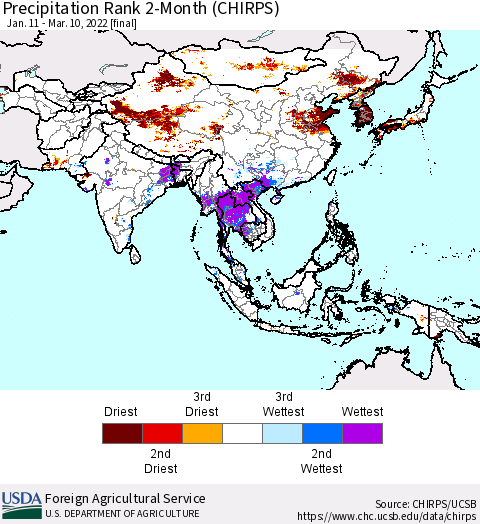 Asia Precipitation Rank since 1981, 2-Month (CHIRPS) Thematic Map For 1/11/2022 - 3/10/2022