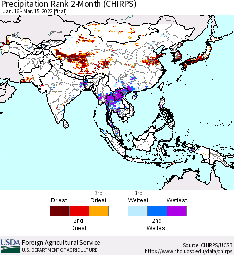 Asia Precipitation Rank since 1981, 2-Month (CHIRPS) Thematic Map For 1/16/2022 - 3/15/2022