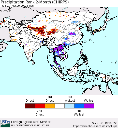 Asia Precipitation Rank since 1981, 2-Month (CHIRPS) Thematic Map For 1/21/2022 - 3/20/2022