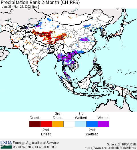 Asia Precipitation Rank since 1981, 2-Month (CHIRPS) Thematic Map For 1/26/2022 - 3/25/2022