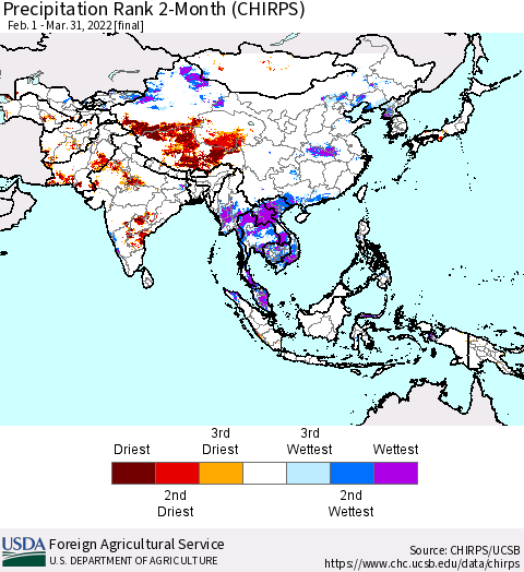 Asia Precipitation Rank since 1981, 2-Month (CHIRPS) Thematic Map For 2/1/2022 - 3/31/2022