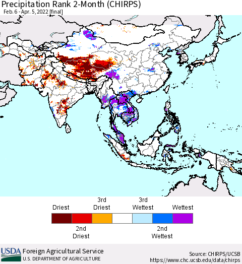 Asia Precipitation Rank since 1981, 2-Month (CHIRPS) Thematic Map For 2/6/2022 - 4/5/2022