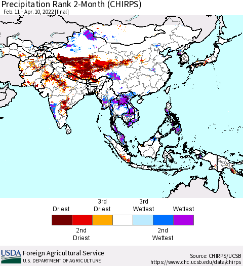 Asia Precipitation Rank since 1981, 2-Month (CHIRPS) Thematic Map For 2/11/2022 - 4/10/2022