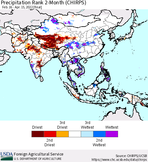 Asia Precipitation Rank since 1981, 2-Month (CHIRPS) Thematic Map For 2/16/2022 - 4/15/2022
