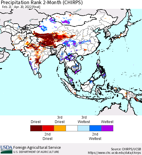 Asia Precipitation Rank since 1981, 2-Month (CHIRPS) Thematic Map For 2/21/2022 - 4/20/2022