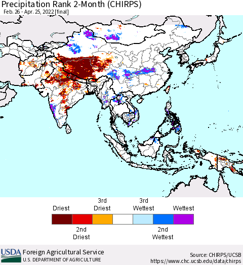 Asia Precipitation Rank since 1981, 2-Month (CHIRPS) Thematic Map For 2/26/2022 - 4/25/2022