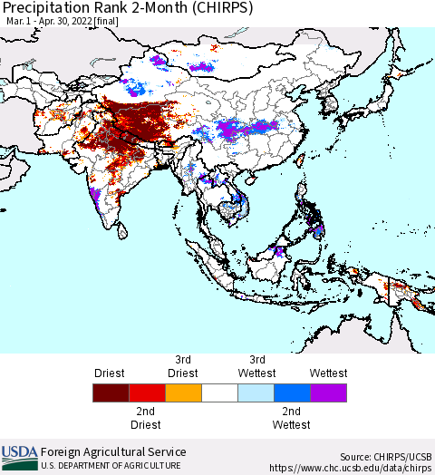Asia Precipitation Rank since 1981, 2-Month (CHIRPS) Thematic Map For 3/1/2022 - 4/30/2022
