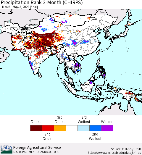 Asia Precipitation Rank since 1981, 2-Month (CHIRPS) Thematic Map For 3/6/2022 - 5/5/2022