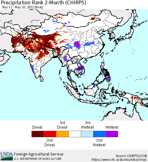 Asia Precipitation Rank since 1981, 2-Month (CHIRPS) Thematic Map For 3/11/2022 - 5/10/2022