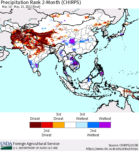 Asia Precipitation Rank since 1981, 2-Month (CHIRPS) Thematic Map For 3/16/2022 - 5/15/2022