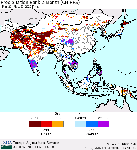 Asia Precipitation Rank since 1981, 2-Month (CHIRPS) Thematic Map For 3/21/2022 - 5/20/2022