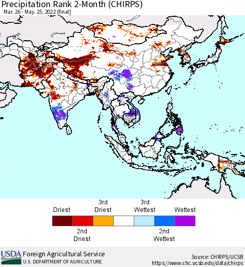 Asia Precipitation Rank since 1981, 2-Month (CHIRPS) Thematic Map For 3/26/2022 - 5/25/2022