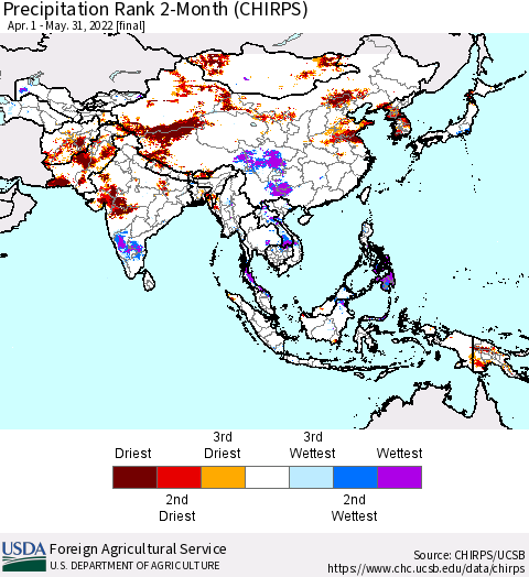 Asia Precipitation Rank since 1981, 2-Month (CHIRPS) Thematic Map For 4/1/2022 - 5/31/2022