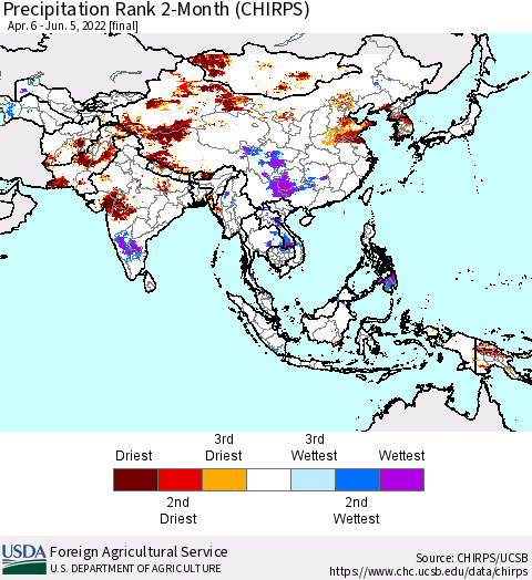 Asia Precipitation Rank since 1981, 2-Month (CHIRPS) Thematic Map For 4/6/2022 - 6/5/2022