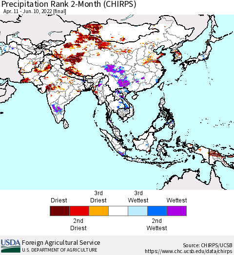 Asia Precipitation Rank since 1981, 2-Month (CHIRPS) Thematic Map For 4/11/2022 - 6/10/2022