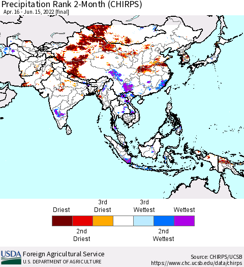 Asia Precipitation Rank since 1981, 2-Month (CHIRPS) Thematic Map For 4/16/2022 - 6/15/2022