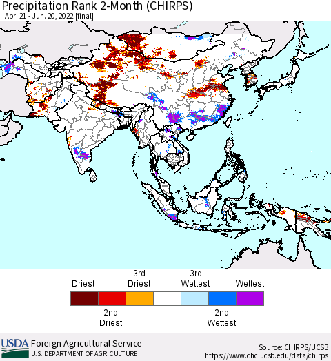 Asia Precipitation Rank since 1981, 2-Month (CHIRPS) Thematic Map For 4/21/2022 - 6/20/2022