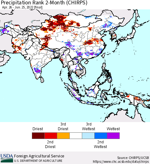 Asia Precipitation Rank since 1981, 2-Month (CHIRPS) Thematic Map For 4/26/2022 - 6/25/2022